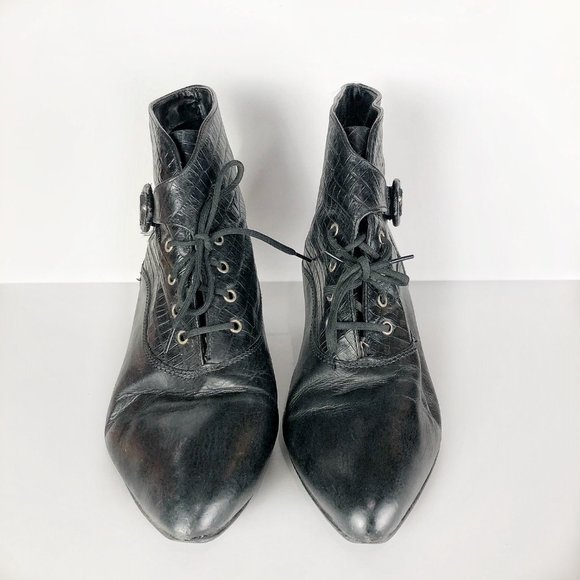 Vtg 80s Embossed Leather Ankle Boots - Picture 3 of 8